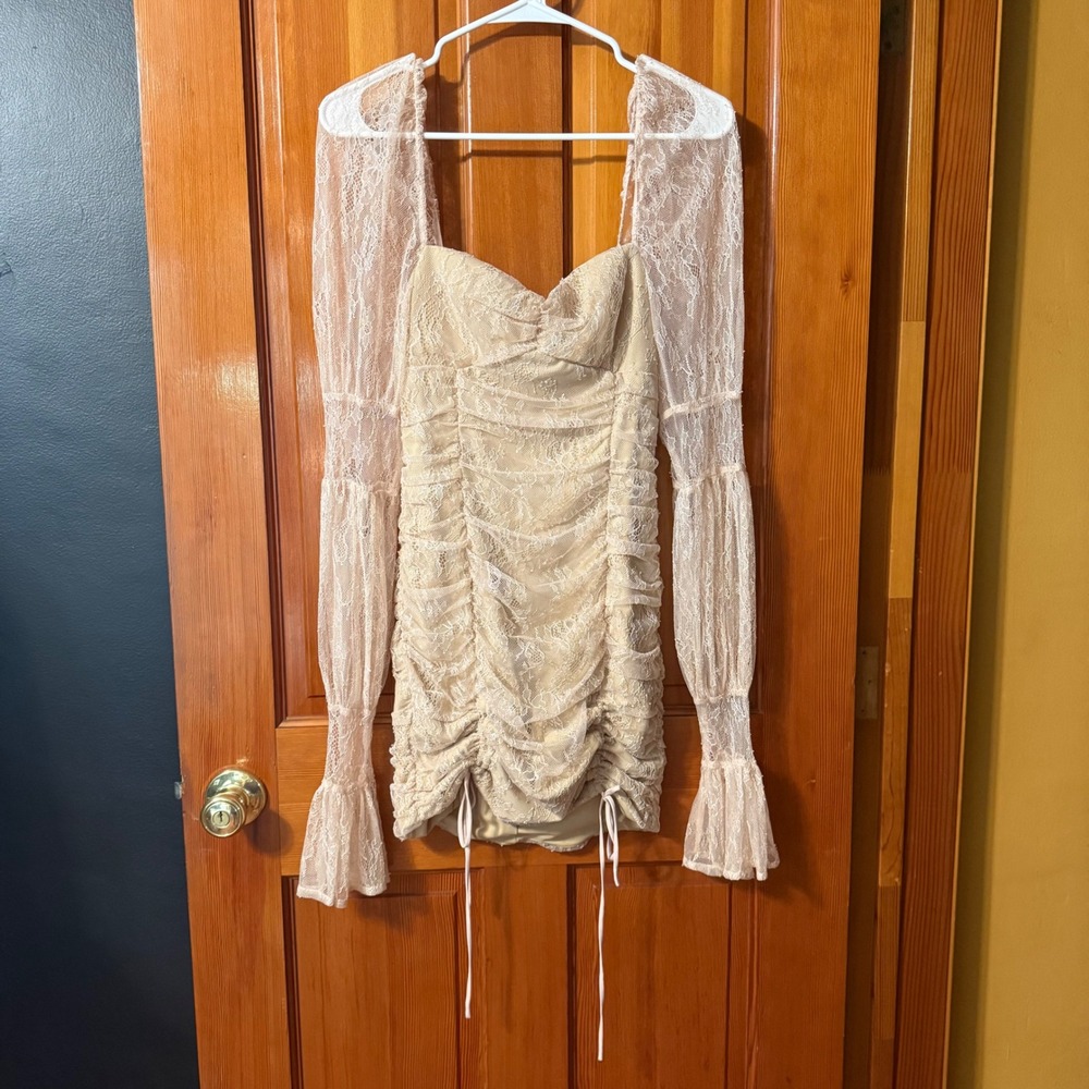 Michael Costello x REVOLVE Dress Women S Nude Excellent Ruched Lace Mini Bodycon